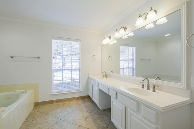 full bath with double vanity, ornamental molding, tile patterned flooring, a sink, and a garden tub