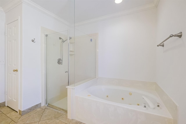 full bathroom with tile patterned floors, a whirlpool tub, ornamental molding, and a shower stall