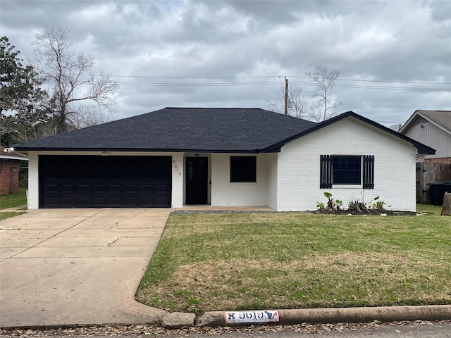 single story home with an attached garage, brick siding, a front yard, and a shingled roof