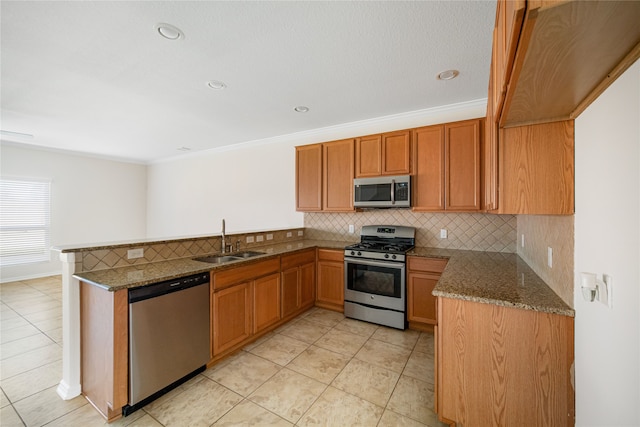 kitchen with stainless steel appliances, a sink, a peninsula, and decorative backsplash