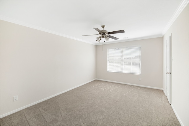 unfurnished room with light carpet, baseboards, visible vents, and crown molding