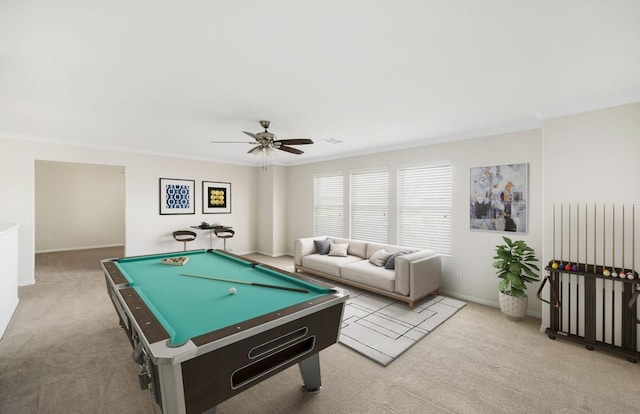 recreation room with baseboards, a ceiling fan, pool table, crown molding, and carpet floors