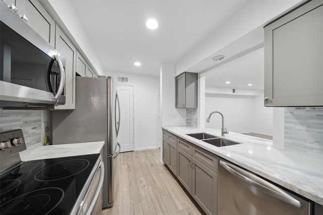 kitchen featuring visible vents, a sink, gray cabinetry, stainless steel appliances, and light wood-style floors