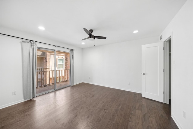 unfurnished room featuring recessed lighting, baseboards, a ceiling fan, and dark wood-style flooring