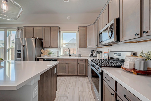 kitchen with light countertops, appliances with stainless steel finishes, a sink, and a healthy amount of sunlight