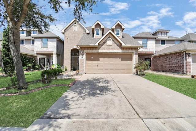 view of front of house featuring concrete driveway, brick siding, a front lawn, and a shingled roof