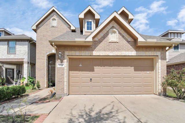 multi unit property featuring driveway, brick siding, roof with shingles, and an attached garage