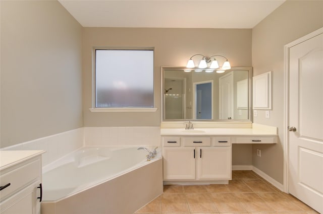 bathroom featuring tile patterned flooring, a shower, a bath, and vanity