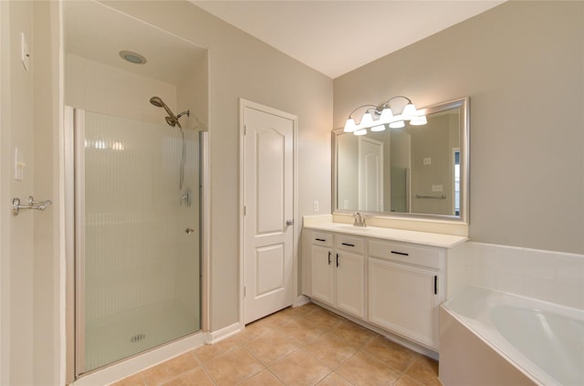 full bath with vanity, a shower stall, a bath, and tile patterned floors