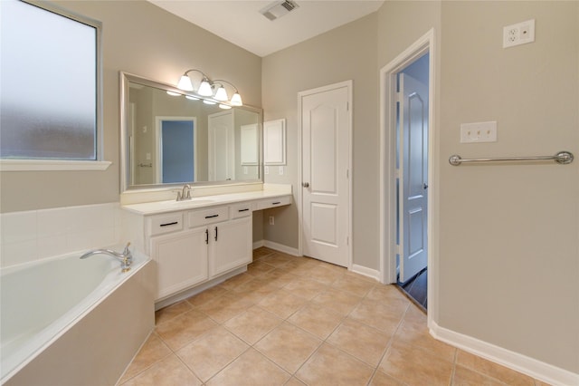 full bathroom with tile patterned floors, visible vents, vanity, baseboards, and a bath