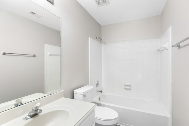 full bath featuring tub / shower combination, visible vents, toilet, and vanity