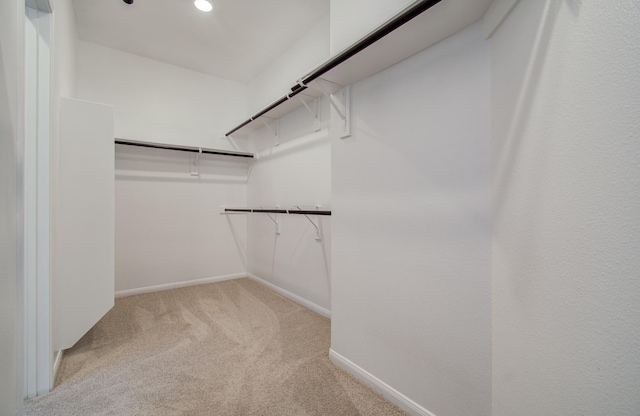 spacious closet featuring light colored carpet