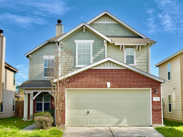 craftsman-style house with a garage, brick siding, driveway, and a chimney