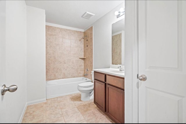 full bath with tile patterned flooring, toilet, visible vents, bathing tub / shower combination, and vanity