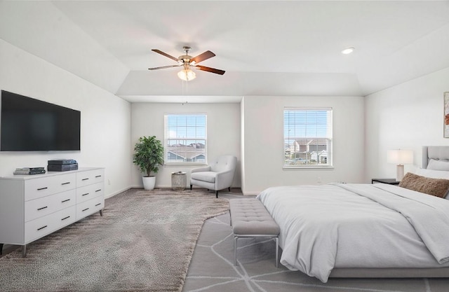 bedroom with carpet, a ceiling fan, and baseboards