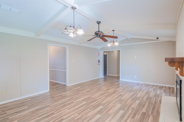 unfurnished living room with vaulted ceiling with beams, light wood finished floors, visible vents, baseboards, and ceiling fan with notable chandelier