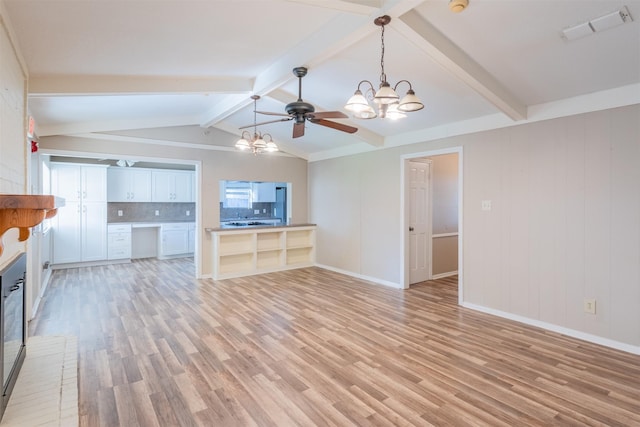 unfurnished living room featuring lofted ceiling with beams, ceiling fan with notable chandelier, visible vents, and light wood-style floors