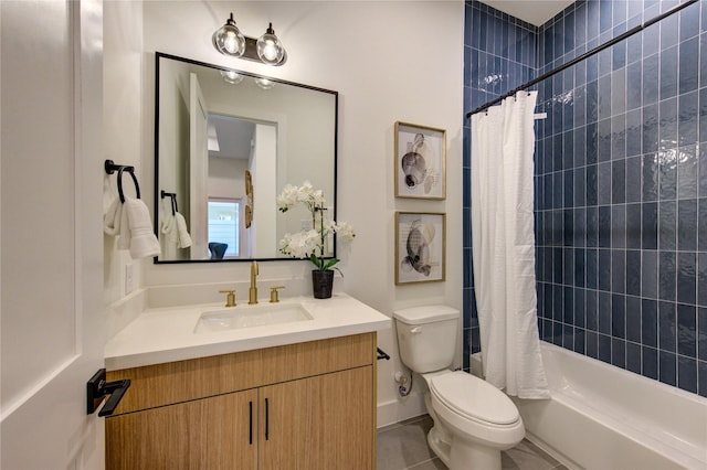 bathroom with shower / bathtub combination with curtain, toilet, vanity, baseboards, and tile patterned floors