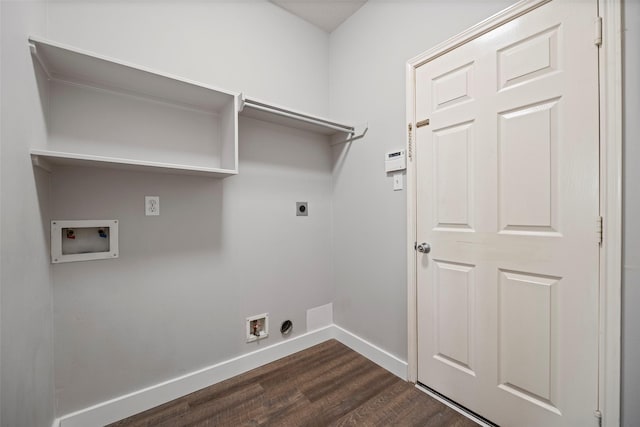 washroom featuring dark wood-style floors, hookup for a washing machine, electric dryer hookup, laundry area, and baseboards