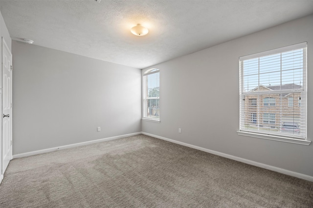 spare room with a textured ceiling, carpet flooring, and baseboards