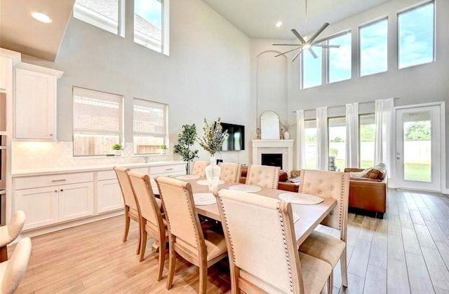 dining area featuring a wealth of natural light, light wood-style flooring, and a fireplace