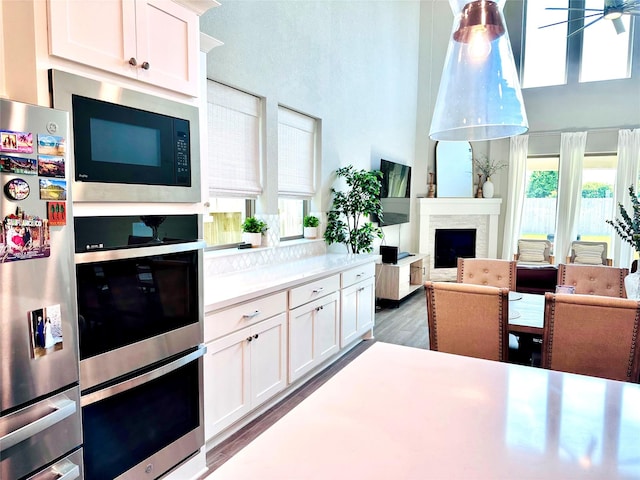 kitchen featuring light countertops, appliances with stainless steel finishes, a fireplace, wood finished floors, and white cabinetry