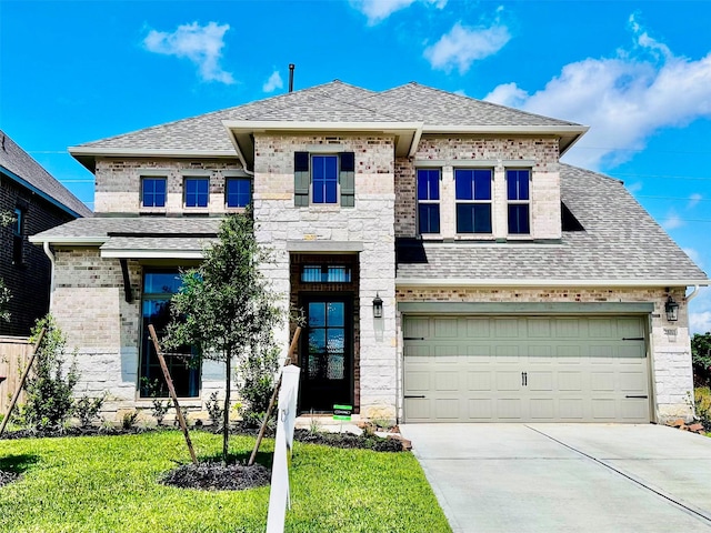 french country home featuring driveway, stone siding, a shingled roof, a front yard, and an attached garage