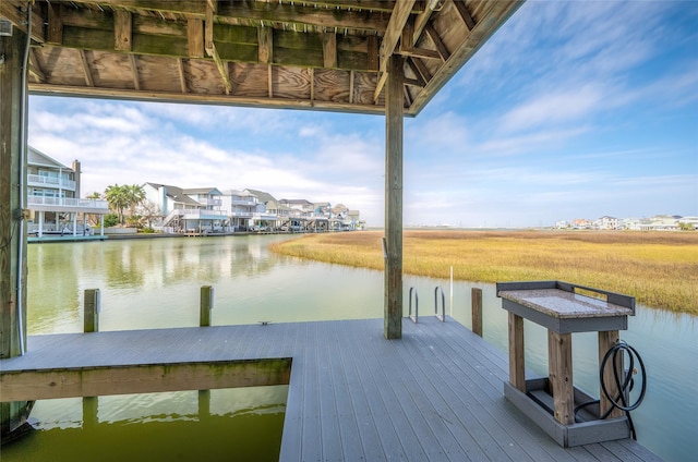 dock area featuring a water view and a residential view