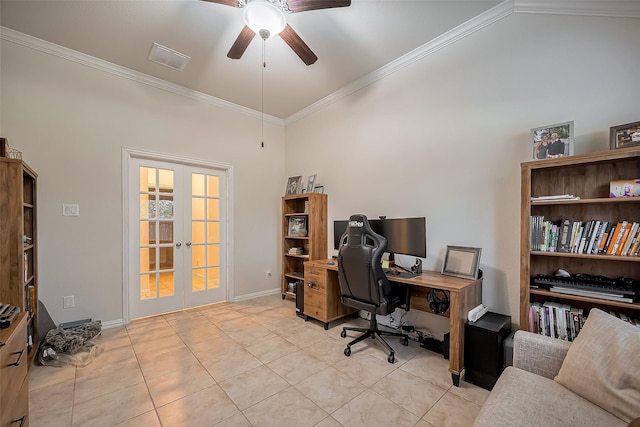 office space featuring light tile patterned floors, visible vents, a ceiling fan, ornamental molding, and french doors