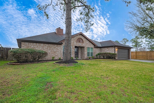 view of front of house with a garage, driveway, fence, and brick siding