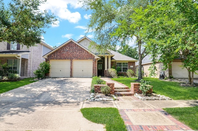 view of front of home with a garage, a shingled roof, concrete driveway, a front lawn, and brick siding