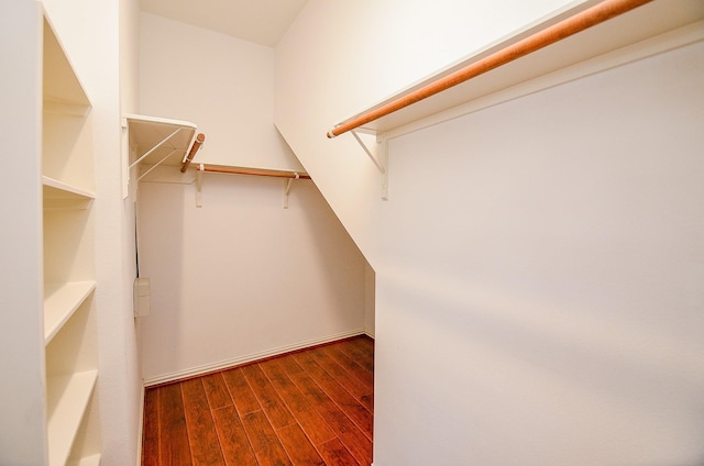 walk in closet with dark wood-style flooring