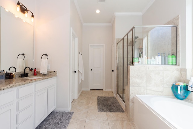 bathroom with a garden tub, ornamental molding, a shower stall, and vanity