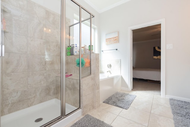 bathroom with connected bathroom, tile patterned floors, a garden tub, crown molding, and a shower stall