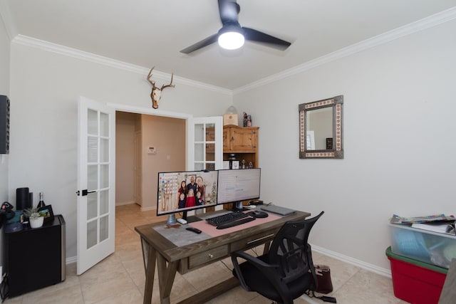 office space featuring crown molding, baseboards, a ceiling fan, and french doors