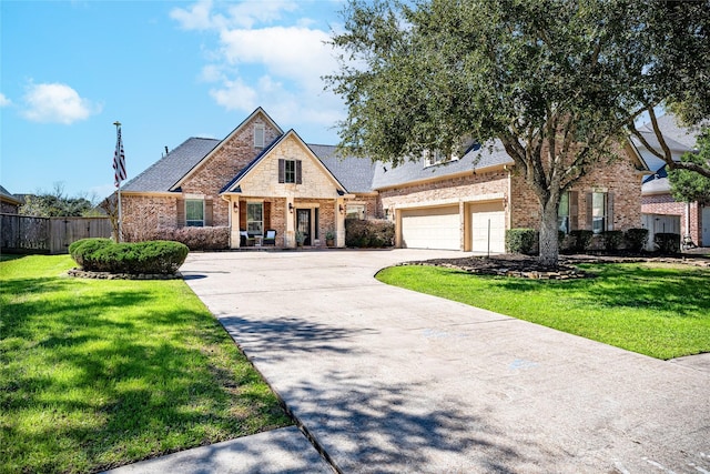 french provincial home featuring brick siding, fence, driveway, and a front lawn