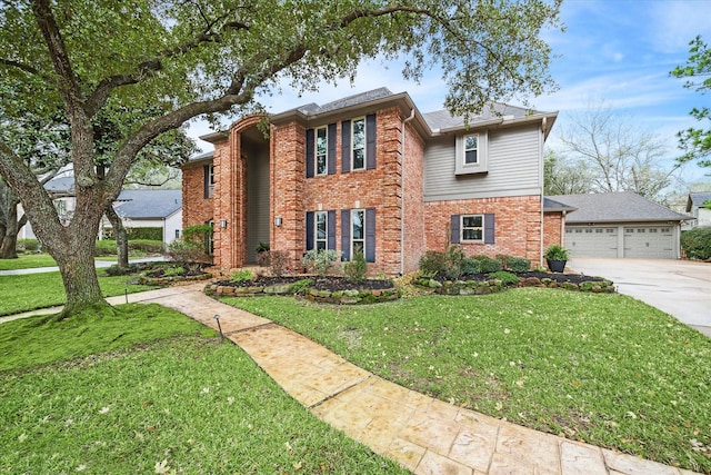 view of front of house with a garage, brick siding, and a front yard