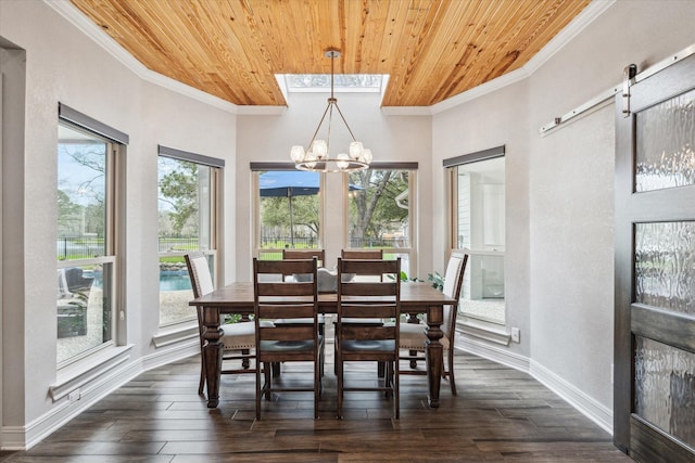 dining area with dark wood-type flooring, wooden ceiling, an inviting chandelier, and crown molding