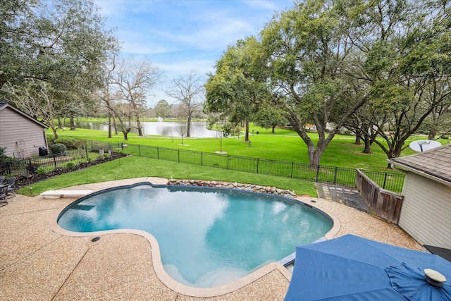 view of swimming pool featuring a lawn, a water view, fence, and a fenced in pool