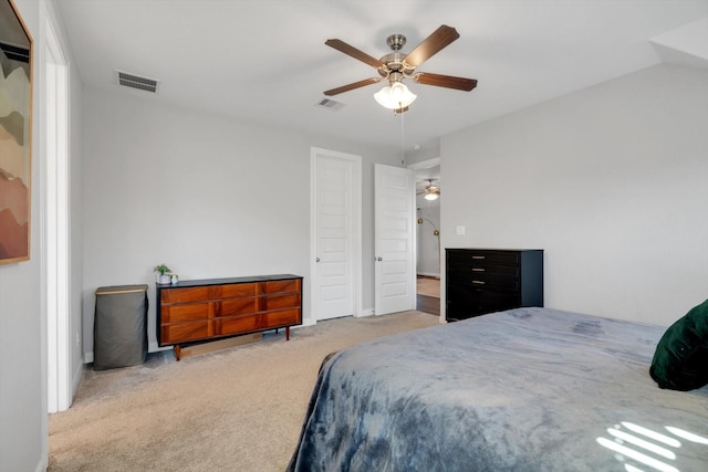 bedroom featuring carpet, visible vents, and ceiling fan