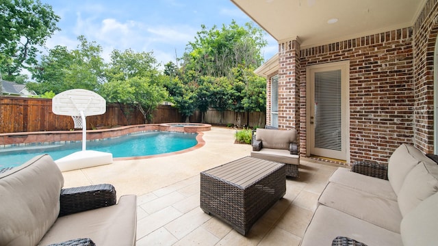 view of swimming pool with a fenced in pool, a patio, outdoor lounge area, an in ground hot tub, and a fenced backyard