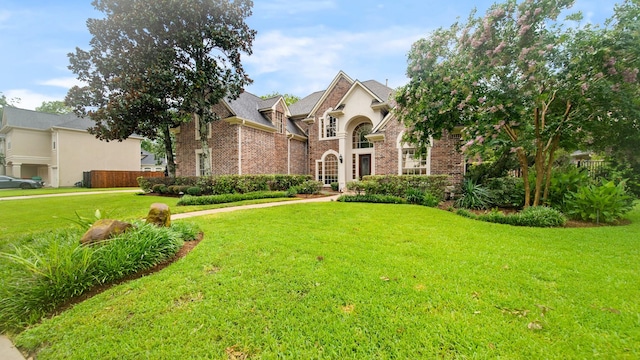 view of front of home featuring brick siding and a front lawn