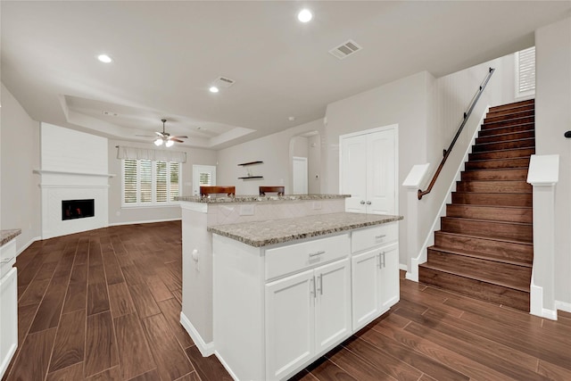 kitchen featuring open floor plan, a tray ceiling, dark wood-type flooring, and a kitchen island