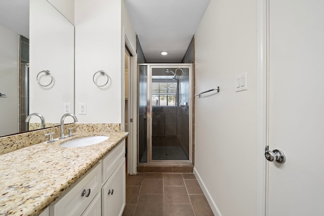 full bathroom featuring baseboards, a shower stall, vanity, and tile patterned floors