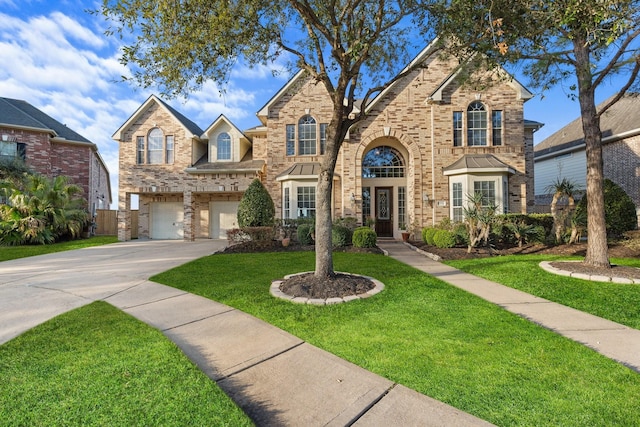 traditional home with a garage, a front lawn, concrete driveway, and brick siding