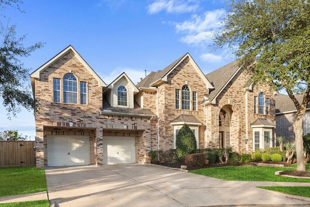 traditional-style house featuring concrete driveway, brick siding, and fence