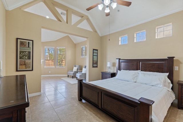 bedroom with crown molding, light tile patterned floors, vaulted ceiling, ceiling fan, and baseboards