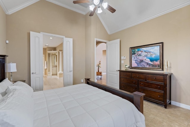 bedroom with light tile patterned floors, ceiling fan, baseboards, and crown molding