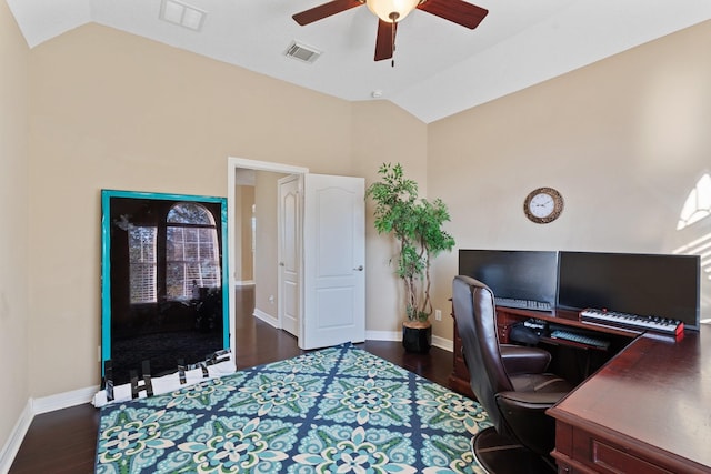 home office with lofted ceiling, dark wood finished floors, visible vents, and baseboards