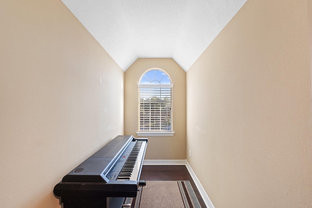 hall featuring vaulted ceiling, a textured ceiling, baseboards, and wood finished floors